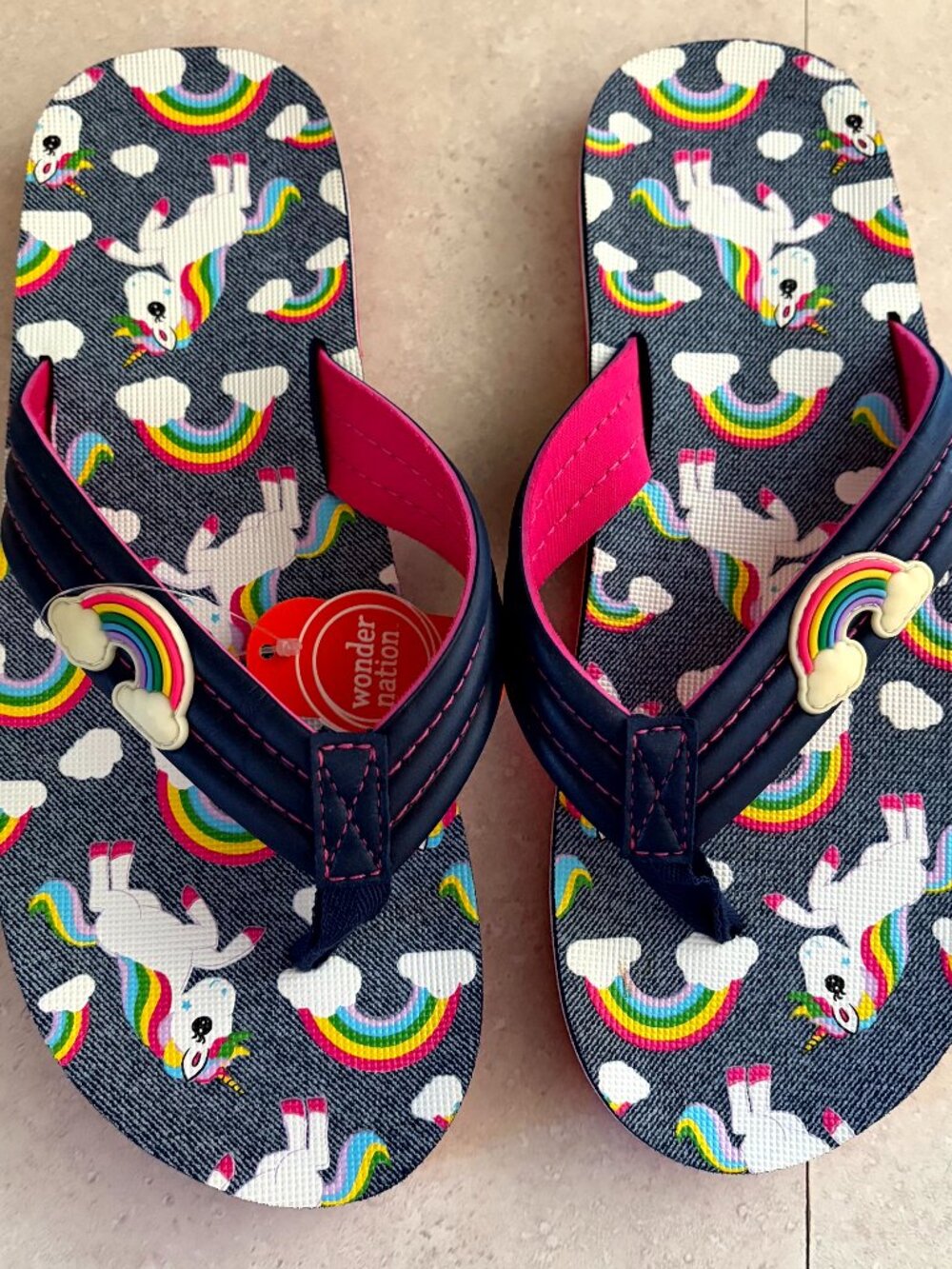 Wonder Nation Girls Unicorn & Rainbow Flip Flops Blue Pink Size 5-6 Slip On NWT